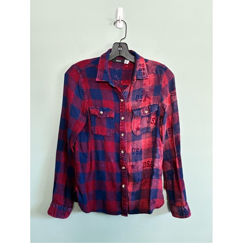 Homemade Bleached USA 4th of July America Patriotic Flannel Wom XS